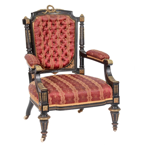 1284 - A Victorian ebonised armchair, with gilt lacquered brass acanthus and other mounts and paterae, pott... 