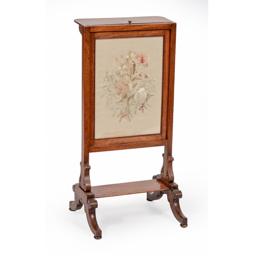 1303 - An Edwardian mahogany cheval screen, with glazed floral embroidered silk banner, 80cm h; 38cml... 