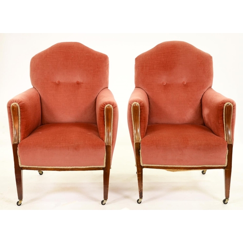 1308 - A pair of mahogany and line inlaid armchairs, early 20th c, pottery castors