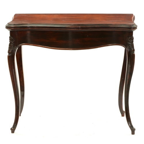 1343 - A Victorian serpentine rosewood card table, the moulded legs carved with flowers to the knees, 73cm ... 