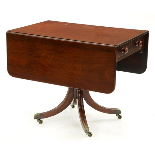 1348 - A Victorian mahogany pedestal table, c1840, with drop leaf top, ring turned pillar and quadruple leg... 