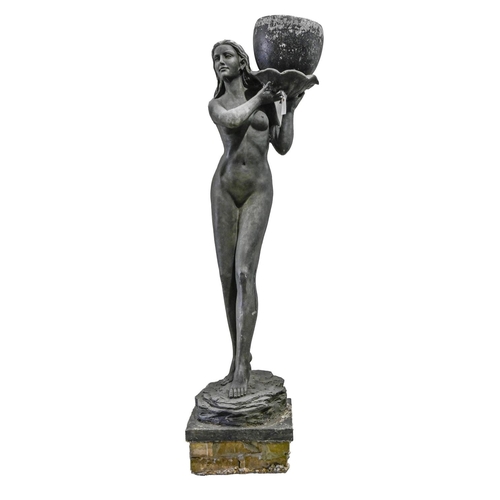 1368 - A life size black resin garden statue of a naked woman,  holding a waterlily, 160cm h excluding bric... 