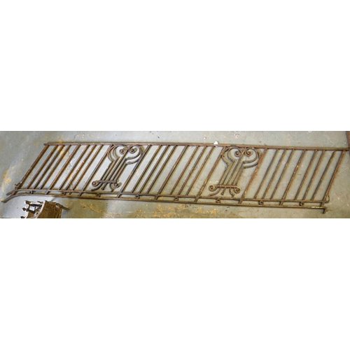 1376 - Two Edwardian wrought iron railings,  one sloping for use on garden steps, 58cm h, approx 290cm l an... 