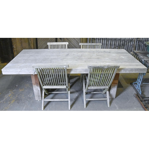 1379 - A  set of four teak folding garden chairs  and a substantial modern teak dining table, table 76cm h;... 