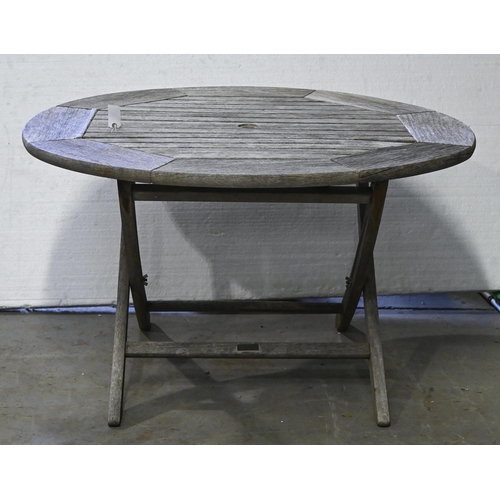 1385 - A teak garden table, Alexander Rose Ltd, with slatted round top, on folding base, 74cm h, 126cm diam... 