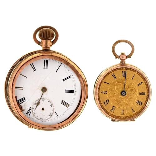 148 - A gold keyless lever watch and a gold cylinder watch, both early 20th c, marked 9c or 9k, 88.8g... 