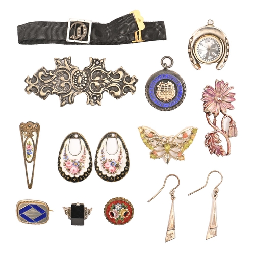 152 - A gold and silver horseshoe shaped watch fob compass, a pair of painted enamel earring pendants and ... 