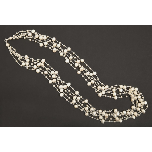 158 - A cultured pearl and white gold five strand necklace, 82cm l, marked on clasp 585 with certificate d... 