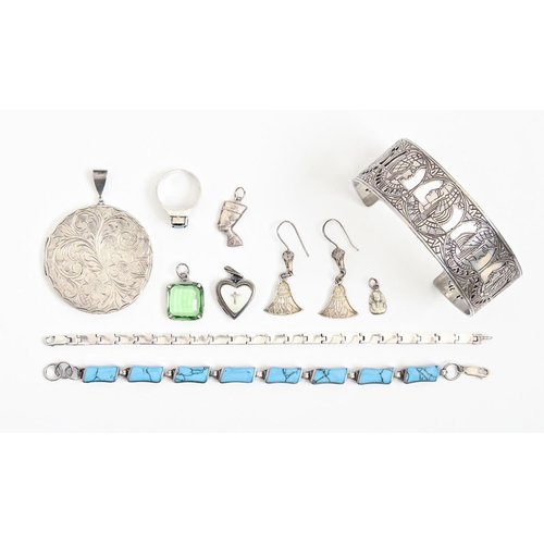 164 - A turquoise bracelet, in silver, 16cm l and miscellaneous other silver articles, several gem set, 12... 