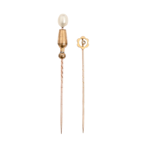 166 - A gold stickpin, c1900, with split pearl terminal, indistinctly marked and another with cultured pea... 