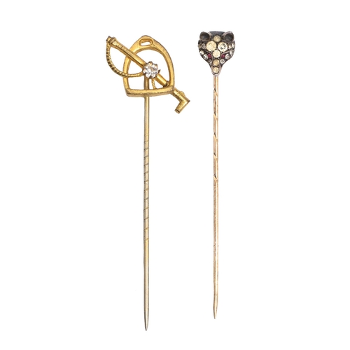 167 - Two Edwardian sporting stickpins, c1910, the fox head terminal of one set with red and white pastes,... 