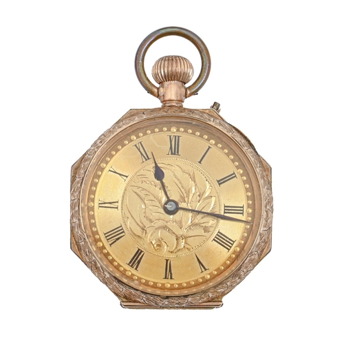 168 - A Swiss gold keyless cylinder lady's watch, c1900, with engraved dial and octagonal surround, in eng... 