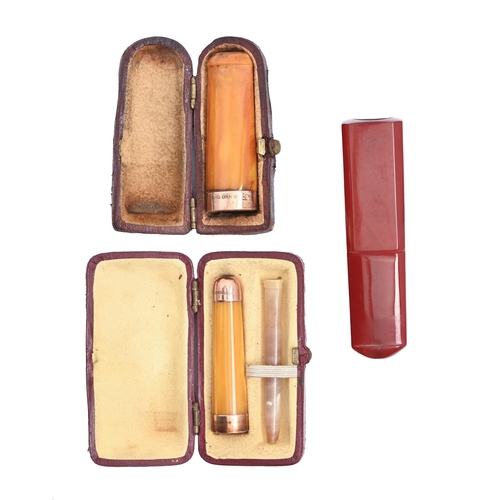 169 - An Edwardian 9ct gold mounted amber cigarette holder and a near contemporary example, with 9ct gold ... 