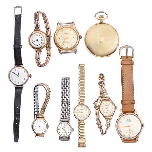 172 - Five gold lady's wristwatches, one with gold bracelet, a Trebex 9ct gold gentleman's wristwatch and ... 