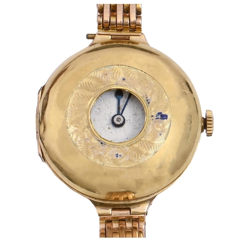 173 - A Longines gold half hunting cased lady's wristwatch, early 20th c, gold cuvette, 30mm diam, marked ... 