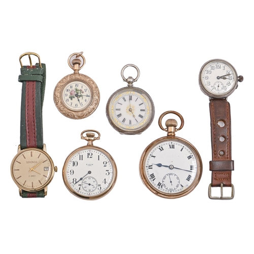 174 - A silver wristlet watch and another, three gold plated pocket watches and a wristwatch (6)... 