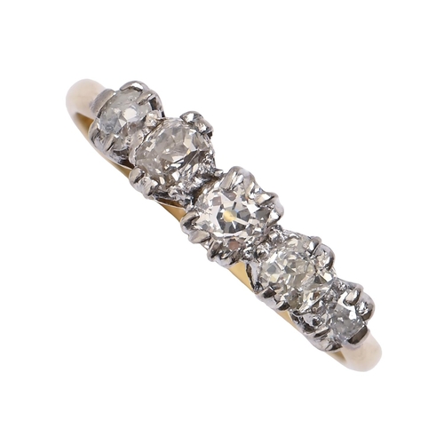 181 - A five stone diamond ring, with old cut diamonds, gold hoop marked 18ct PLAT, 2.9g, size Q... 