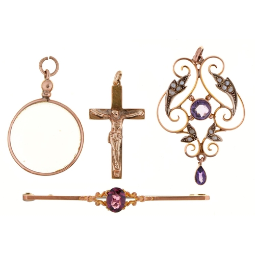 194 - An amethyst brooch, in gold marked 9ct, 51mm l and three other gold articles, 8.1g (4)... 