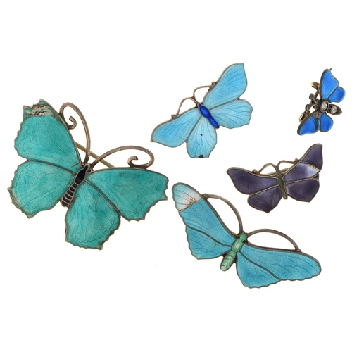 201 - Five silver and translucent enamel butterfly brooches, early 20th c, 45mm l and shorter... 