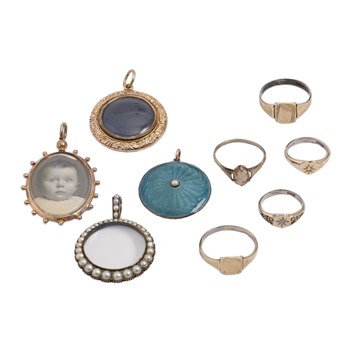 205 - A silver and gold guilloche enamel locket, 26mm diam, three others, including one with split pearl s... 