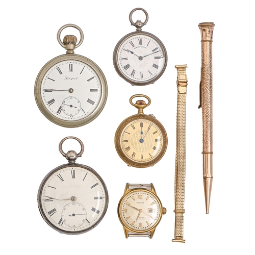 208 - Two silver lever watches, one by Kendal & Dent, three other watches and a gold plated pencil (6)... 