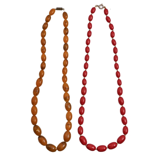 213 - Two necklaces of faux amber beads