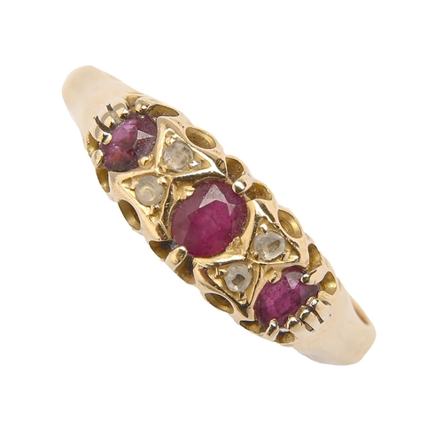 239 - A ruby and diamond ring, in gold, apparently unmarked, 4g, size O