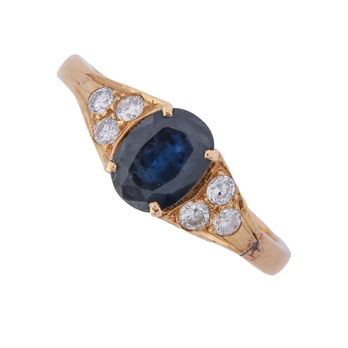 242 - A sapphire ring, with diamond shoulders, in gold, apparently unmarked, 3.7g, size O