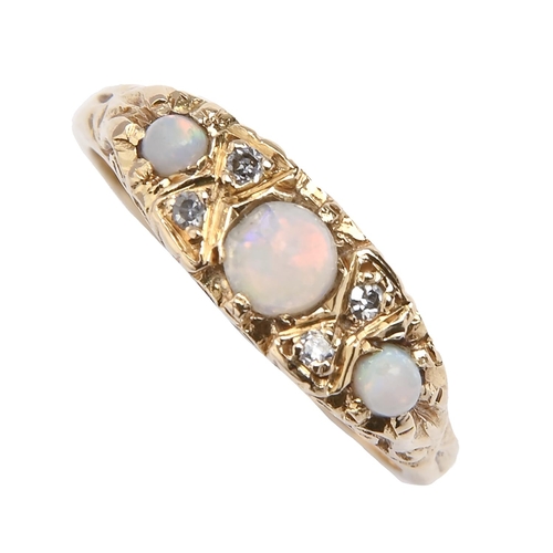 245 - An opal and diamond ring, in gold marked 18ct, 4g, size I