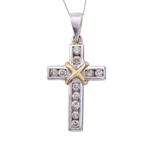 257 - A diamond cross pendant, in two colour 18ct gold, 29mm, Convention mark and a white gold necklet, 5g... 