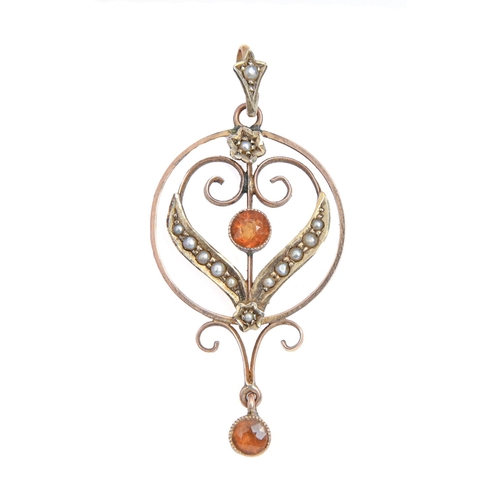 258 - A citrine and split earl openwork pendant, c1900, in gold, 40mm, marked 9ct, 1.8g