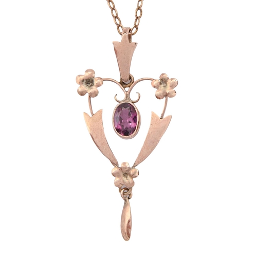 259 - An Edwardian amethyst openwork pendant, in gold, 45mm, marked 9ct and a gold necklet, 4.6g... 