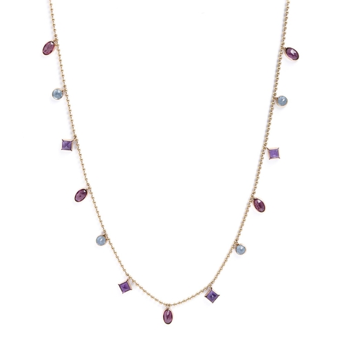 262 - A multi-gem 14ct gold fringe necklet, 46cm l, 5.3g