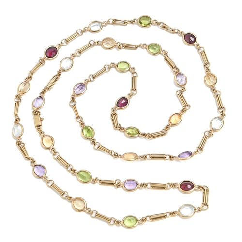 263 - A multi-gem gold necklace, 88cm l, marked 18kt, 33.8g