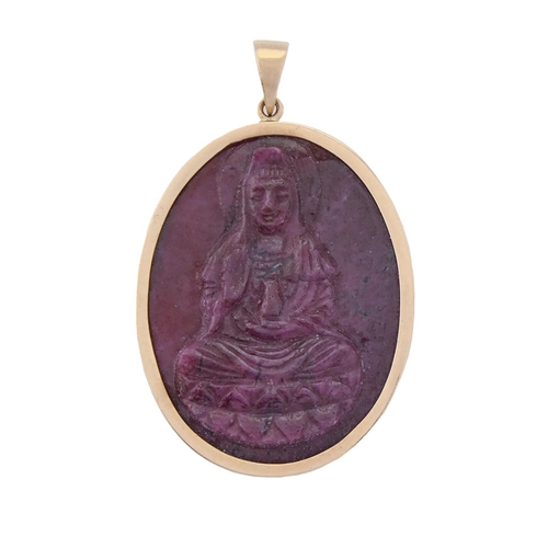 265 - A ruby Budha cameo pendant, in 9ct gold, 16g