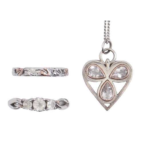 271 - Welsh precious metals. A gem set gold and silver heart shaped pendant, necklet and two rings, signed... 