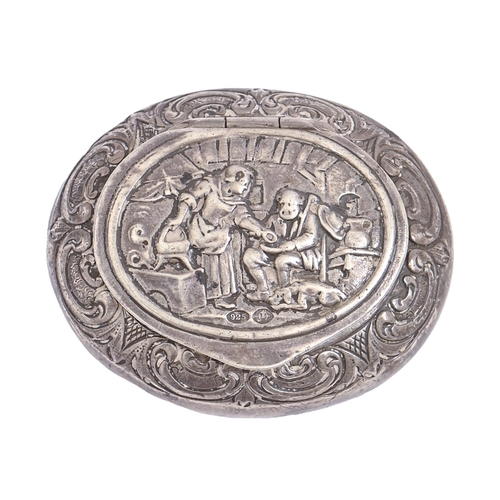 314 - An Edwardian silver snuff box, the lid stamped with figures at a hearth, 50mm l, import marked, Arth... 