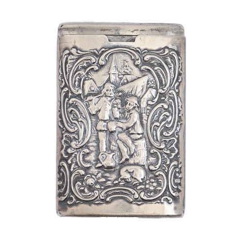 319 - A German silver slide-opening vesta case, c1900, die stamped with scenes of peasants in rococo borde... 