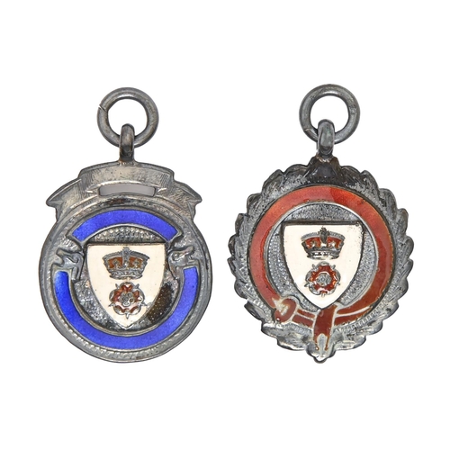 350 - Football interest. Two silver and enamel watch fob shields, engraved 1928-29 Div One Cup Winners or ... 