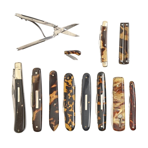 371 - Ten various folding knives, with tortoiseshell or other scales, late 19th c and later, one slide-ope... 