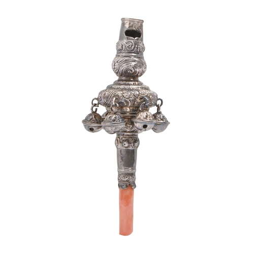 387 - A William IV silver baby's rattle, with coral teether, 11.5cm l, by Taylor & Perry, Birmingham 1... 