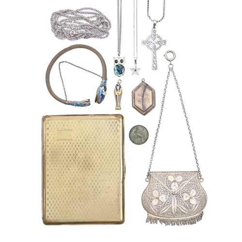 397 - A silver filigree purse, early 20th c, with chain handle, 65mm l, a continental silver gilt and enam... 