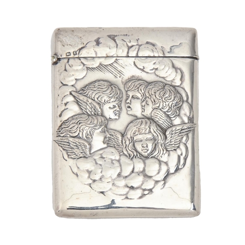 407 - An Edwardian silver card case, die stamped with cherubs' heads, 10.4cm, by Henry Matthews, Birmingha... 