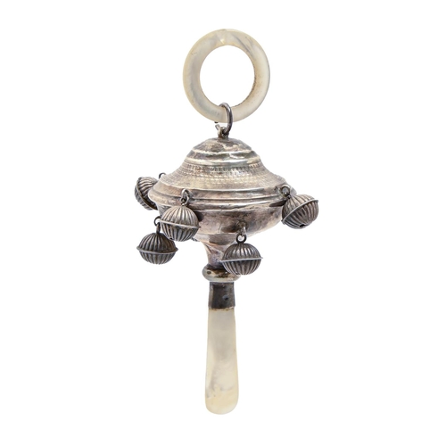 409 - A George V silver baby’s rattle with mother of pearl ring and teether, 13.5cm h, by William Ad... 