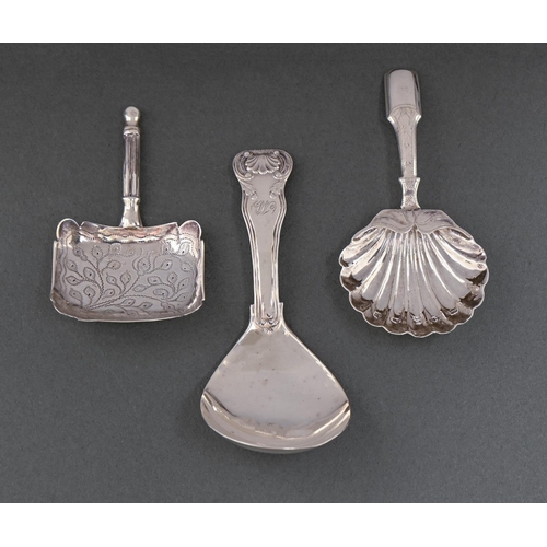 412 - A Victorian silver caddy spoon, the oblong bowl with a wrigglework flower, 63mm l, by George Unite, ... 