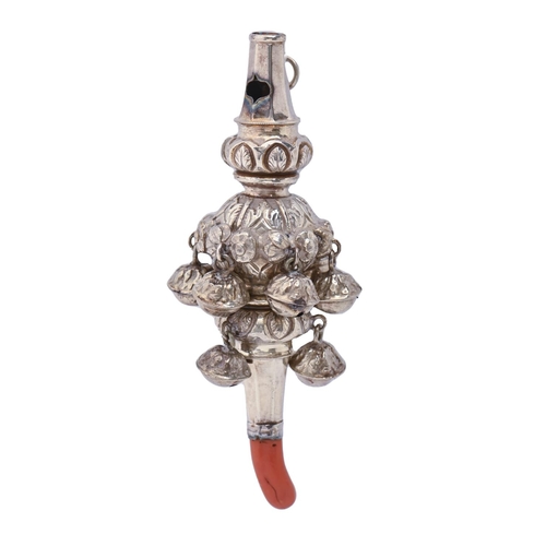 417 - A Victorian silver baby's rattle, with whistle and coral handle, 12.8cm, part marked, 2ozs 5dwts... 