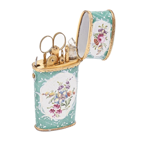 427 - A South Staffordshire enamel etui, c1770, with chased copper gilt mounts, painted with flowers reser... 