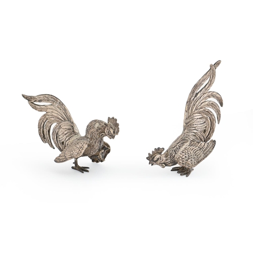 429 - A pair of silver fighting cocks table ornaments, 13.5cm h, import marked, Israel Freeman & Son L... 