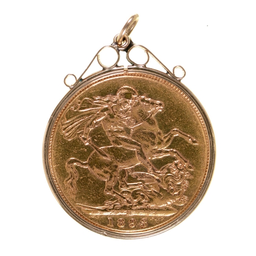 43 - Gold coin. Sovereign 1898M, in 9ct gold pendant, 8.9g