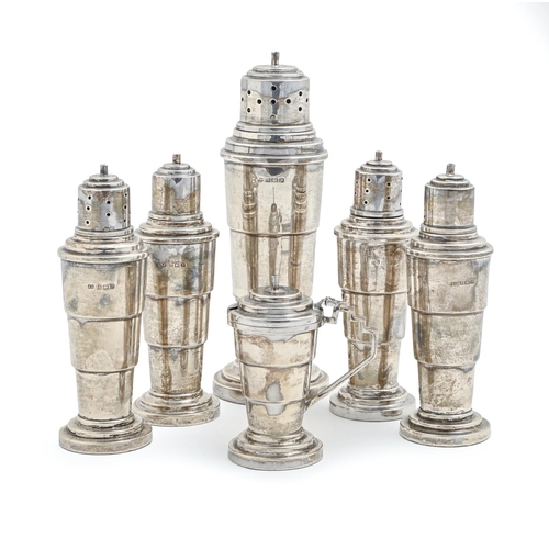 472 - A George VI Art Deco silver six piece condiment set, sugar caster and cover 17.5cm h, maker NS, Birm... 